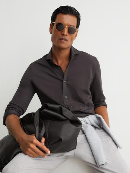 Reiss Monaco R-Flex Cotton Rich Four Way Stretch Formal Shirt, Dark Brown