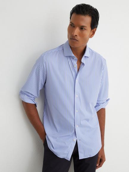 Reiss Volley R-Flex Four Way Stretch Jersey Formal Shirt, Soft Blue/White, Soft Blue/White