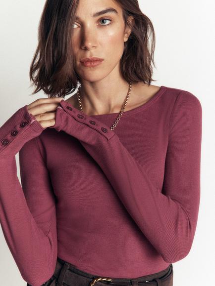 Boden Button Cuff Rib Boat Neck Top, Maroon, Maroon