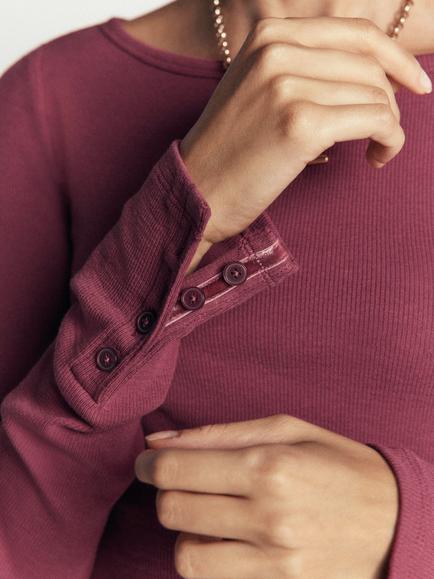 Boden Button Cuff Rib Boat Neck Top, Maroon - view 2, Maroon