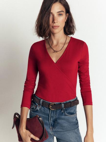 Boden Ruched Long Sleeve Wrap Top, Crimson Red, Crimson Red