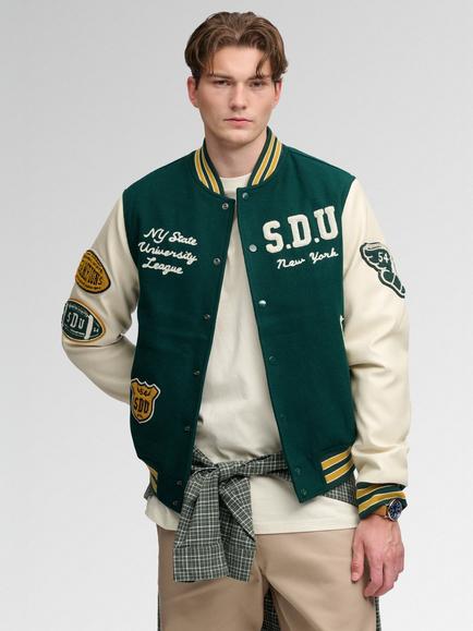 Superdry Vintage Patched Varsity Jacket, Pine Green/Oatmeal, Pine Green/Oatmeal