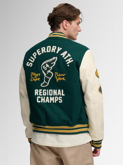 Superdry Vintage Patched Varsity Jacket, Pine Green/Oatmeal - view 2, Pine Green/Oatmeal
