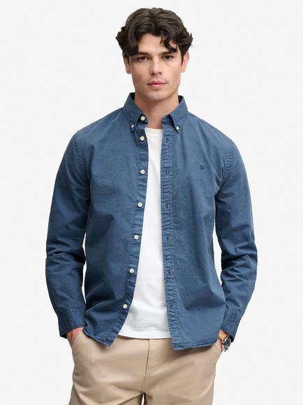 Superdry Cotton Garment Dyed Long Sleeve Shirt, Tumbled Slate Blue
