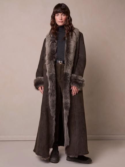 Celtic & Co. Toscana Trim Full Length Sheepskin Coat, Dark Nutmeg, Dark Nutmeg