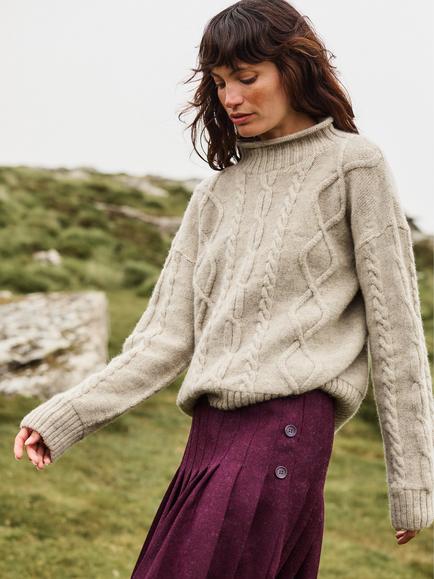 Celtic & Co. Pure Wool Cable Knit Funnel Neck Jumper, Undyed Taupe - view 2, Undyed Taupe