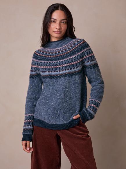 Celtic & Co. Fair Isle Yoke Donegal Wool Jumper, Denim, Denim
