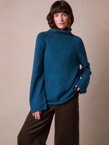 Celtic & Co. Lambswool Slouchy Marl Funnel Neck Jumper, Teal Marl, Teal Marl