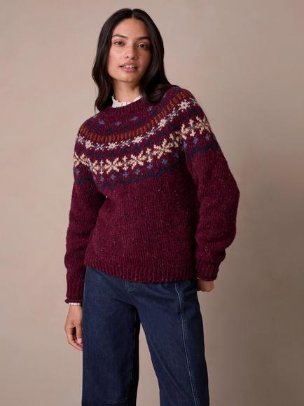Celtic & Co. Donegal Wool Nordic Fair Isle Yoke Jumper, Damson, Damson
