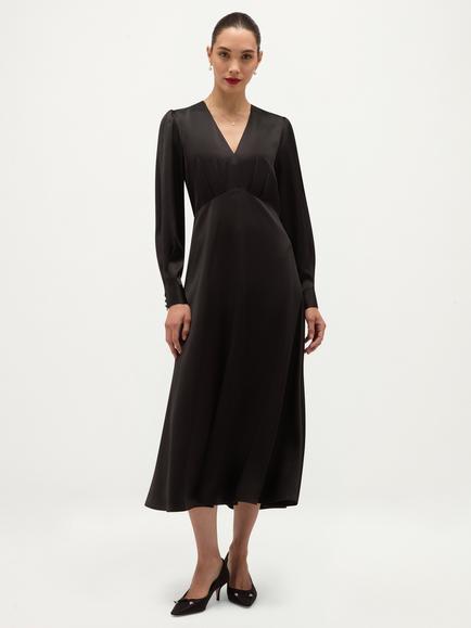Hobbs Anais Satin Flared Midi Dress, Black, Black