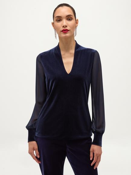 Hobbs Aimee Velvet Sheer Sleeve Top, Blue