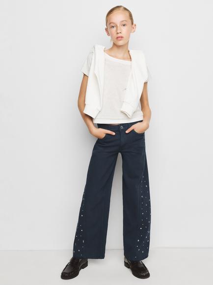 Mango Kids' Embellished Wide Leg Jeans, Navy, Navy