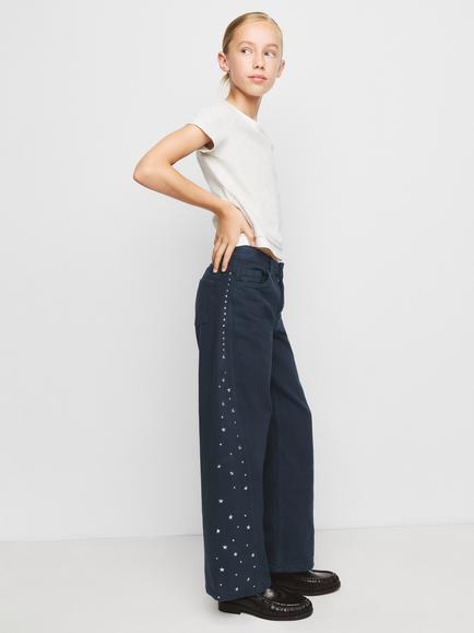 Mango Kids' Embellished Wide Leg Jeans, Navy - view 2, Navy