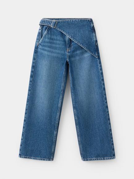 Mango Kids' Tejano Wrap Front Wide Leg Denim Jeans, Dark Blue, Dark Blue