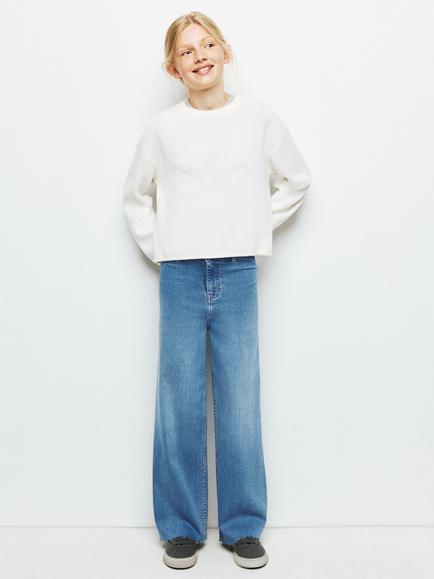 Mango Kids' Tejano Mid Rise Wide Leg Jeans, Mid Blue, Mid Blue