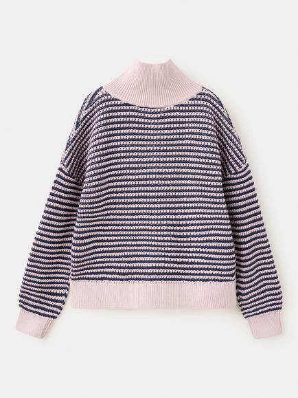 Mango Kids' Cotton Stripe Zip Neck Jumper, Mauve, Mauve
