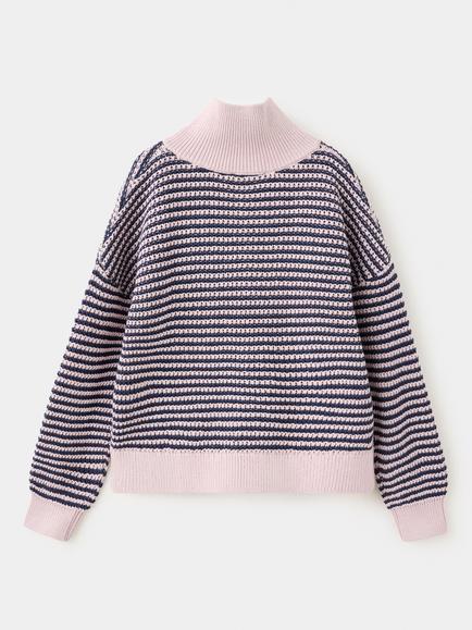 Mango Kids' Cotton Stripe Zip Neck Jumper, Mauve - view 2, Mauve