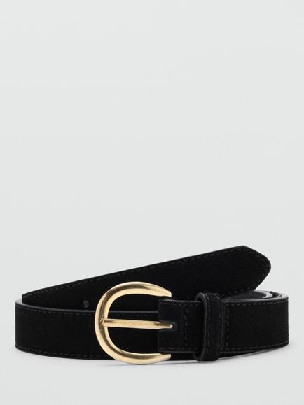 Mango Textured Sculpted Buckle Waist Belt, Black, Black