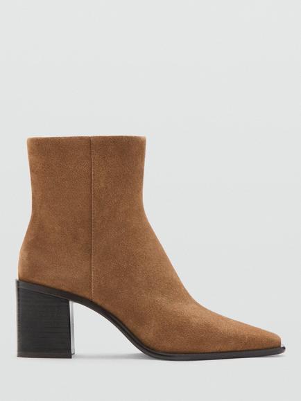 Mango Suede Square Toe Block Heel Ankle Boots, Tobacco