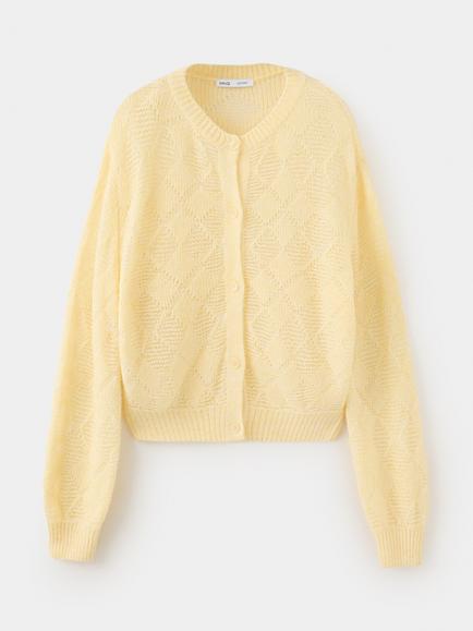Mango Openwork Diamond Knit Cardigan, Pastel Yellow, Pastel Yellow