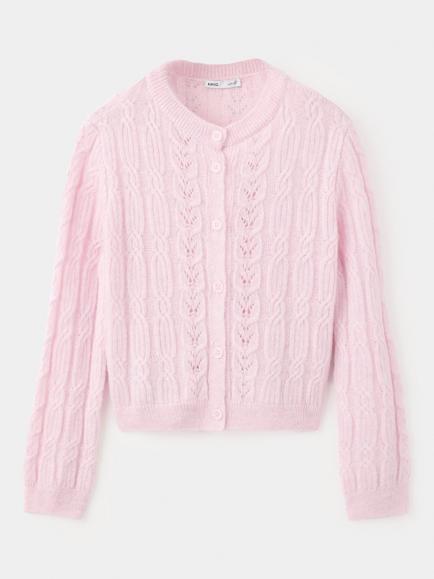 Mango Cable Knit Cardigan, Pastel Pink, Pastel Pink
