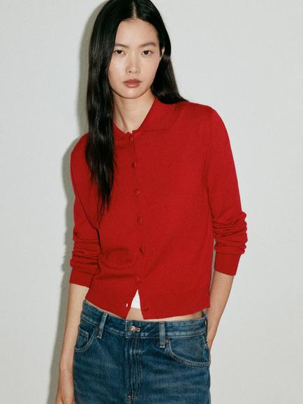 Mango Button-Front Collard Knit Cardigan, Red, Red