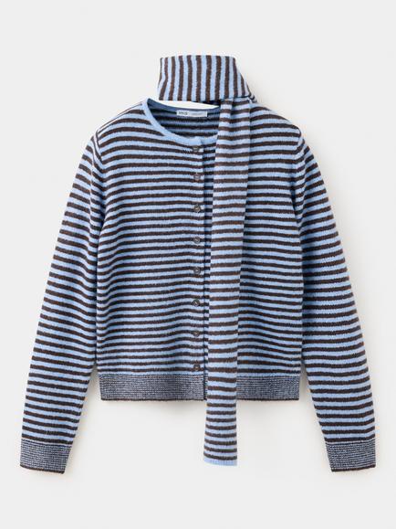 Mango Scarf Detail Striped Knit Cardigan, Sky Blue, Sky Blue