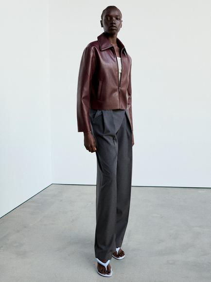 Mango Faux Leather Collard Zip Up Jacket, Bordeaux, Bordeaux