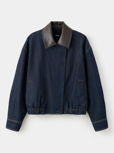 Mango Cropped Collared Denim Bomber Jacket, Soft Denim, Soft Denim