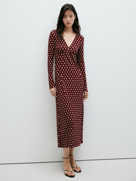 Mango V-Neck Polka Dot Midi Dress, Garnet, Garnet