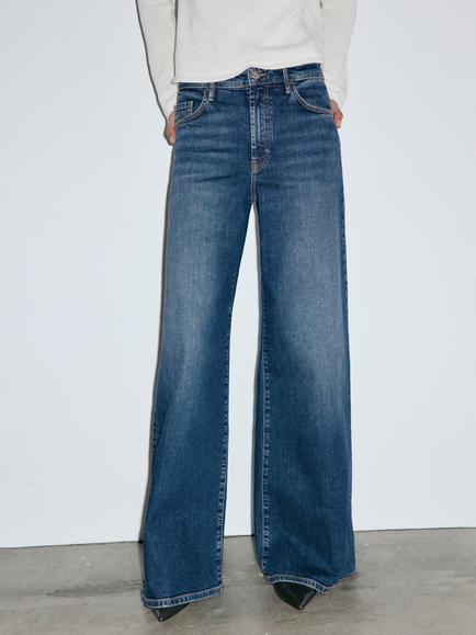 Mango High Waist Wide Leg Jeans, Dark Denim Blue, Dark Denim Blue