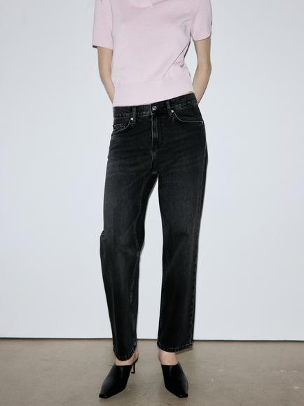 Mango Mid-Rise Cropped Straight Leg Jeans, Black Denim, Black Denim