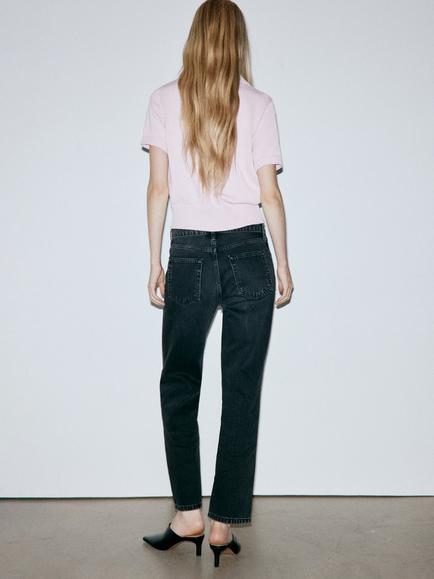 Mango Mid-Rise Cropped Straight Leg Jeans, Black Denim - view 2, Black Denim