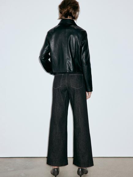 Mango High-Waist Sculptural Wide Leg Jeans, Black - view 2, Black