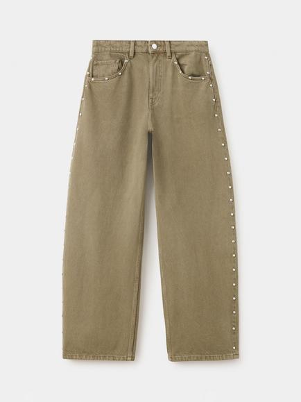 Mango Mid Rise Balloon Studded Jeans, Khaki, Khaki