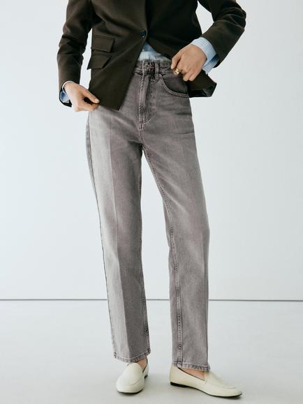 Mango High Waist Straight Leg Jeans, Grey, Grey