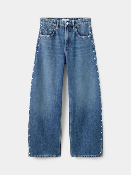Mango Mid-Rise Balloon Studded Jeans, Mid Blue, Mid Blue