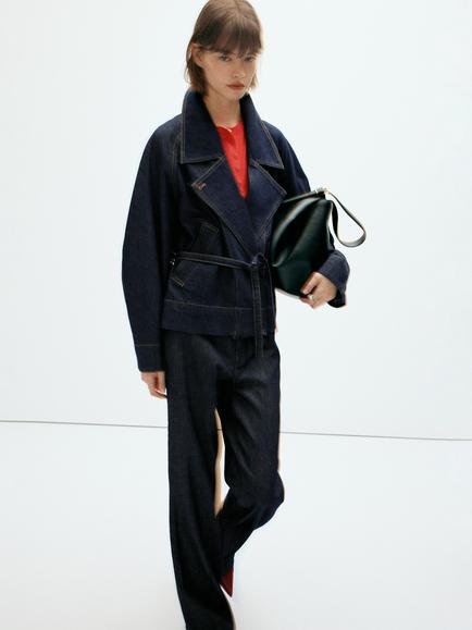 Mango Belted Denim Trench Coat, Indigo, Indigo