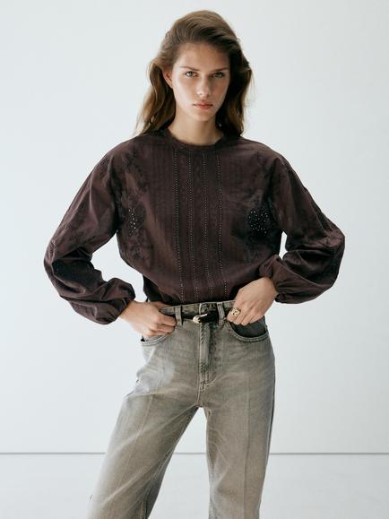 Mango Embroidered Beaded Pintuck Blouse, Brown, Brown