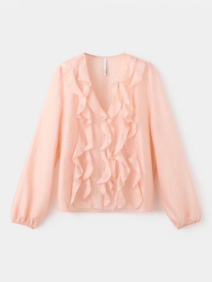 Mango Ruffled V-Neck Blouse, Pastel Pink, Pastel Pink