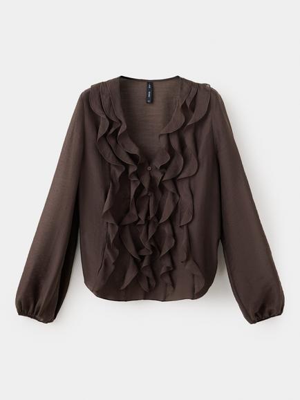 Mango Ruffled V-Neck Blouse, Brown, Brown