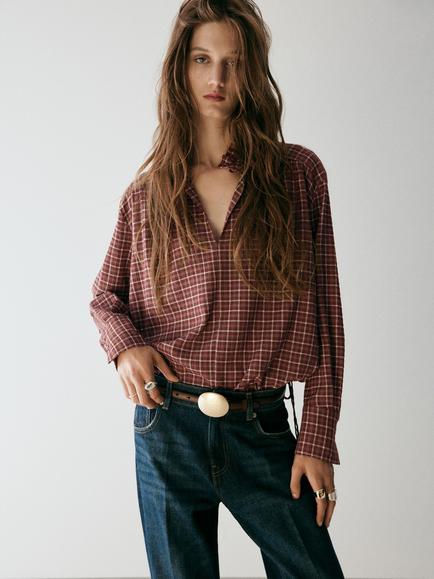Mango Checked V-Neck Blouse, Brown, Brown