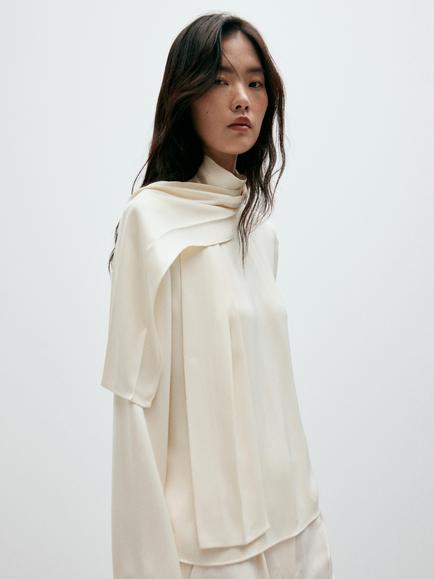 Mango Sculptural High-Neck Scarf Detail Blouse, Natural, Natural
