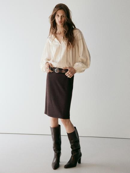 Mango Embroidered Lace Tie-Neck Blouse, Cream, Cream