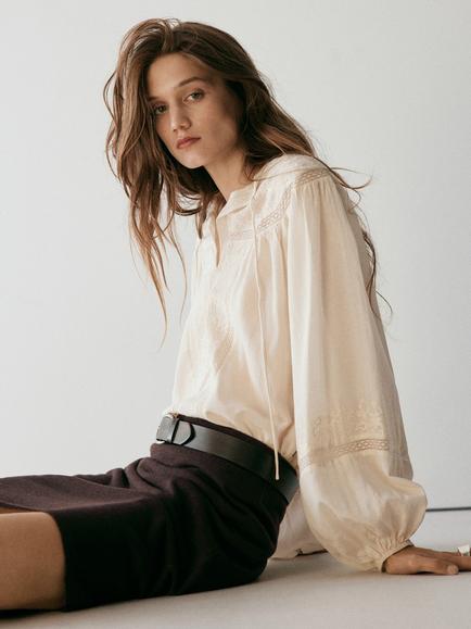 Mango Embroidered Lace Tie-Neck Blouse, Cream - view 2, Cream