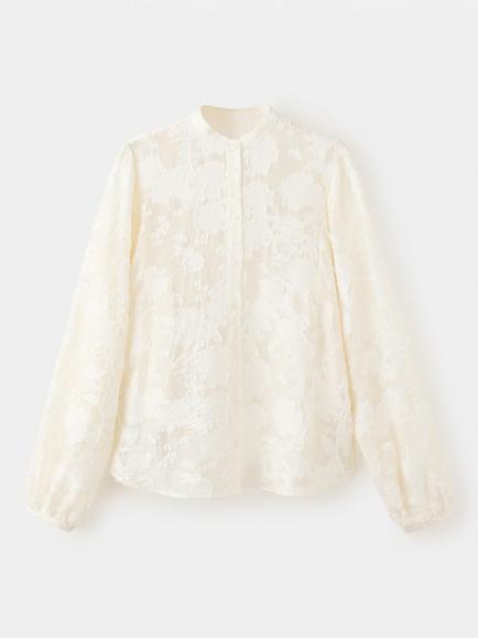 Mango Embroidered Mandarin Collar Blouse, Off White, Off White