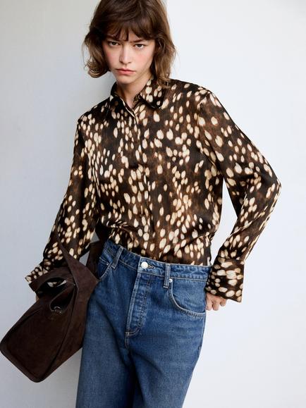 Mango Check Long Sleeve Blouse, Brown, Brown