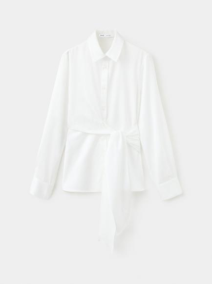 Mango Long Sleeve Tie Waist Collared Shirt, Off White, Off White