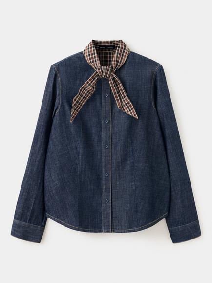 Mango Neck Tie Long Sleeve Denim Shirt, Soft Blue, Soft Blue