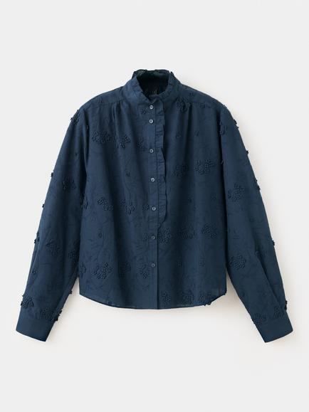 Mango Mandarin Collar Embroidered Cotton Ruffle Blouse, Navy, Navy